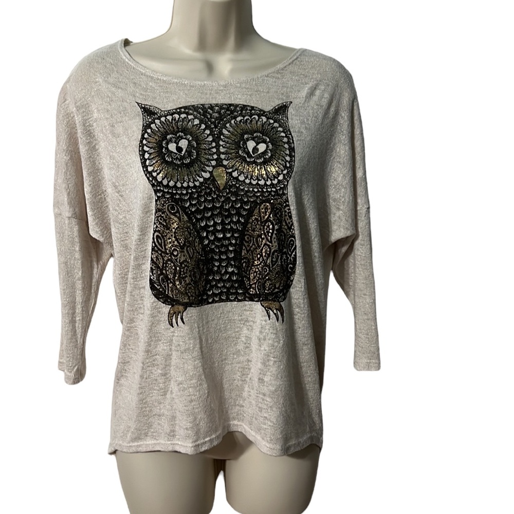Owl Shirt from A’Gaci Beige with Black & Gold Owl 3/4 sleeve Size Medium